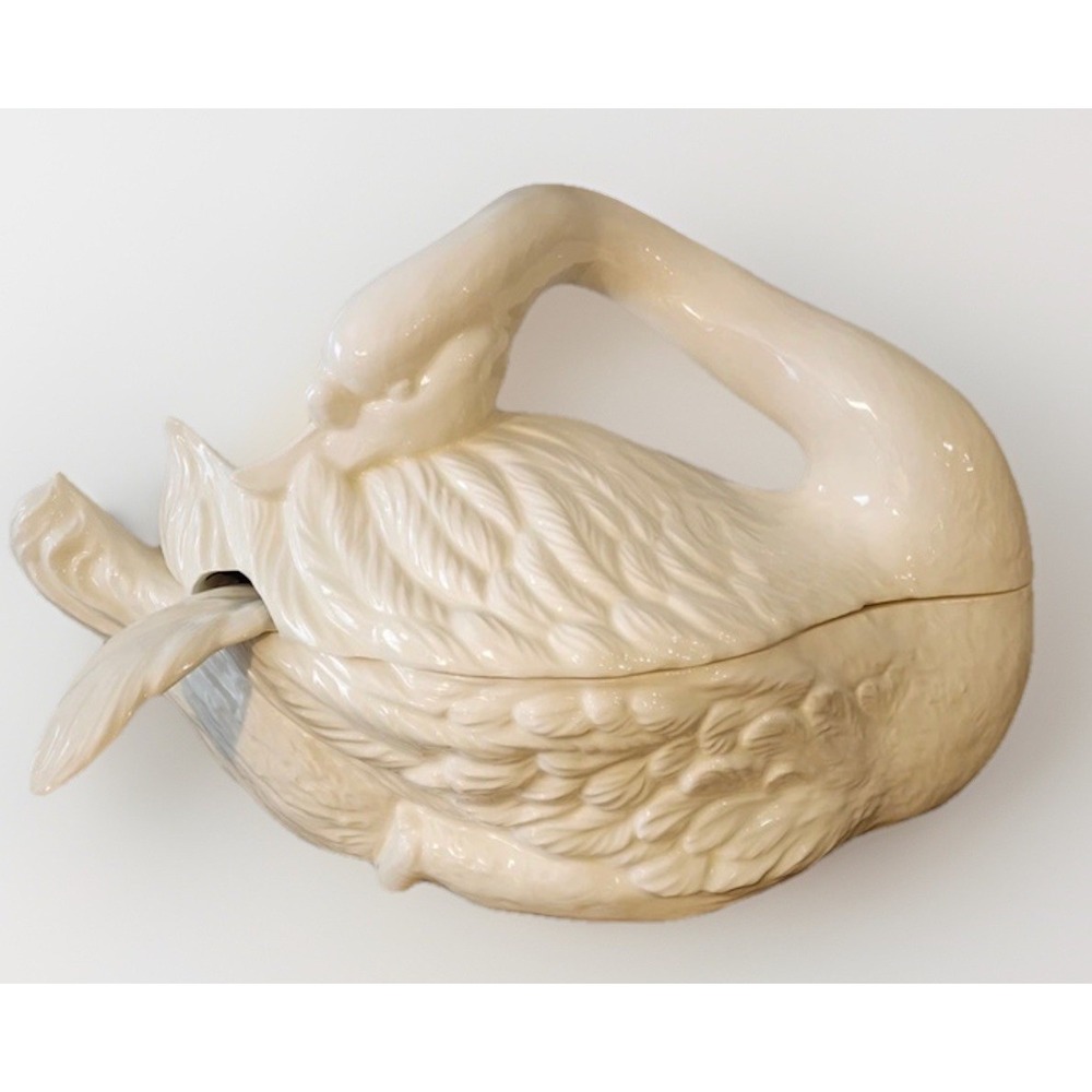 Large 1970s Ceramic Cream Covered Swan Tureen With Feather Ladle 16" Long